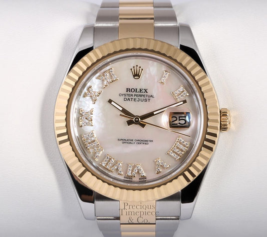 Rolex Datejust II Two-Tone 41mm 116333-White MOP Diamond Roman Dial-Fluted Bezel