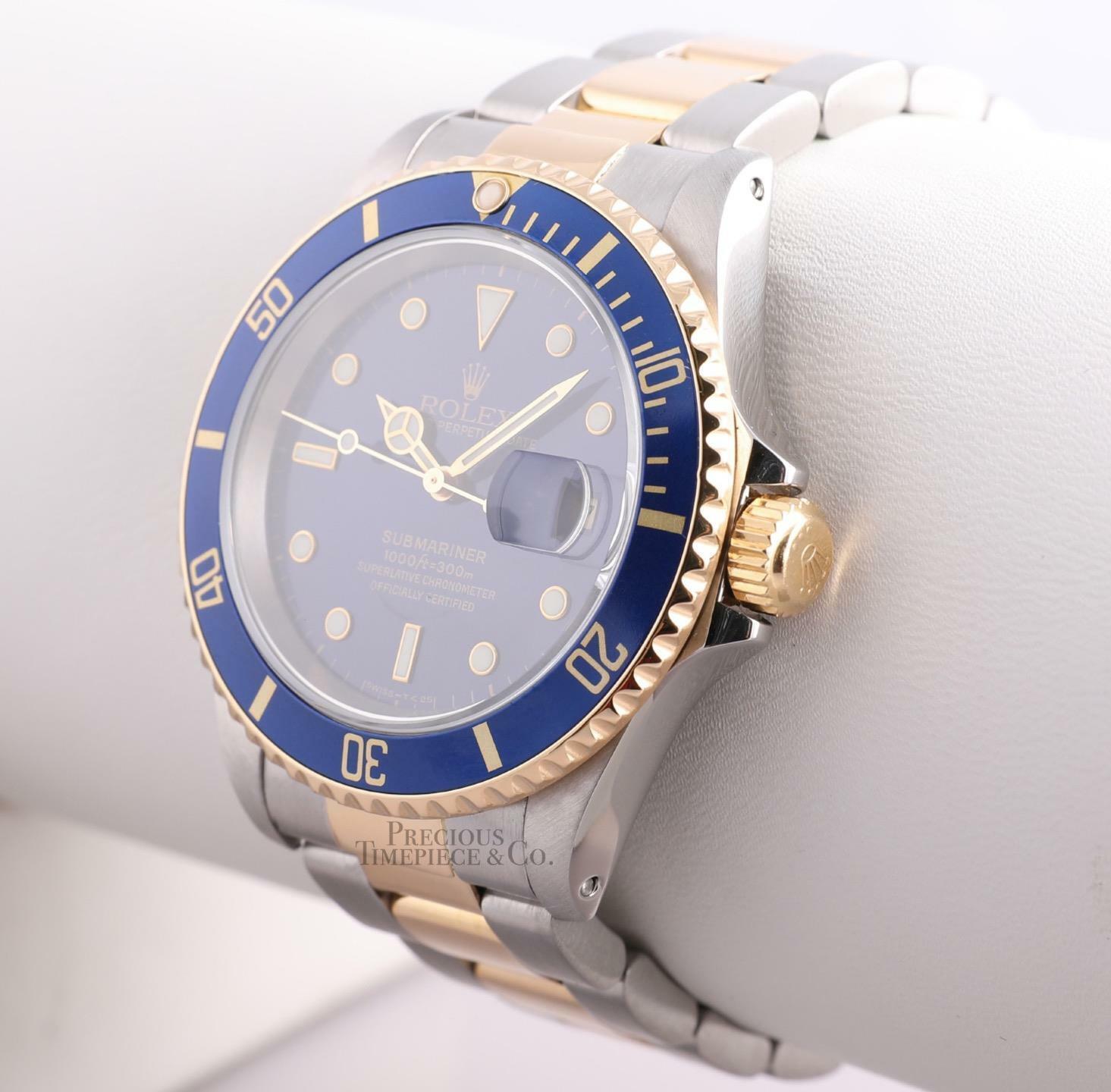 Rolex Submariner 16613 Watch Two Tone 18k Gold-Blue Dial-Blue Insert-Box & Paper