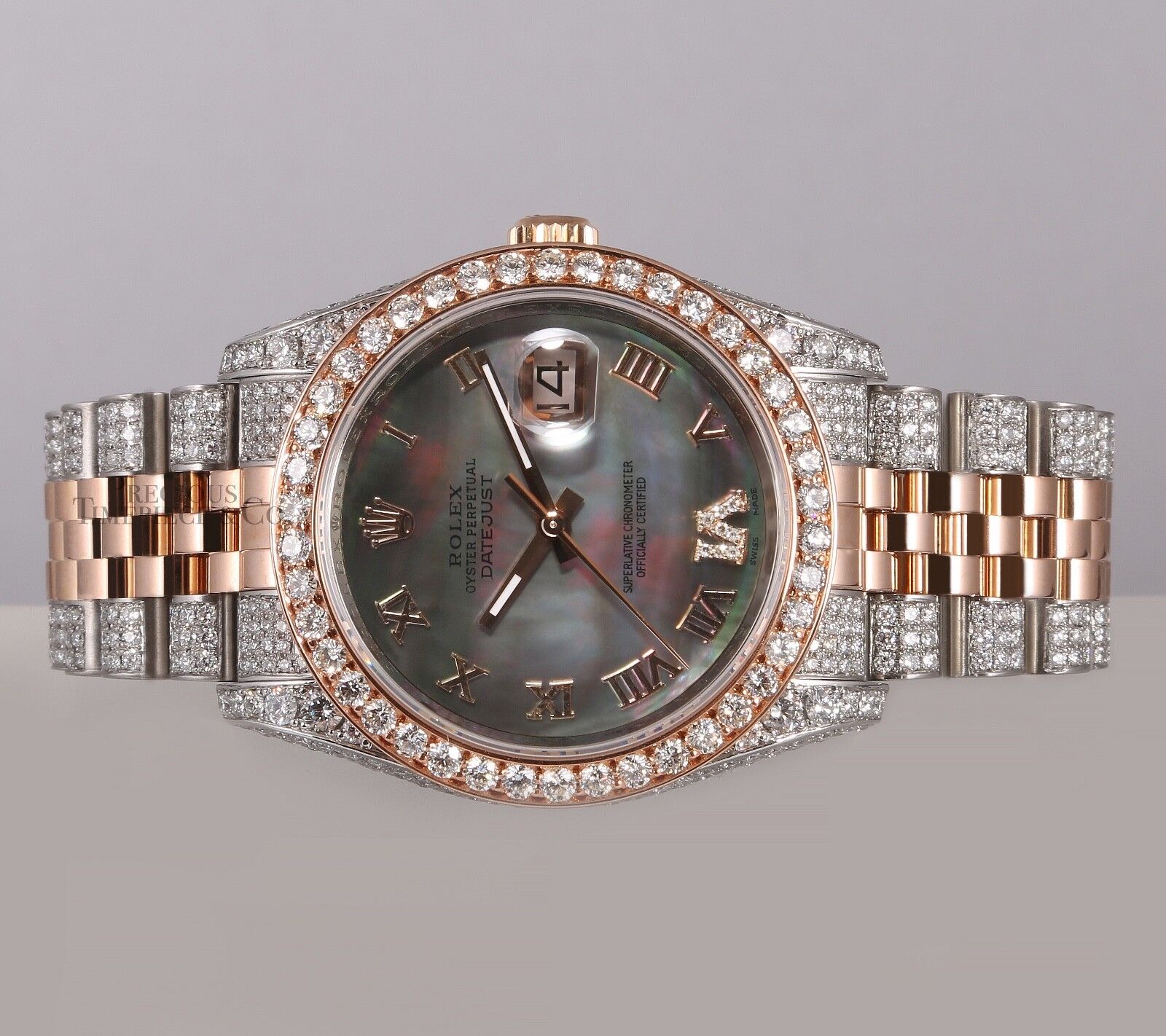 Rolex Datejust 18k Rose Gold 116231 Fully Iced 2CT Diamond Bezel Black MOP Dial