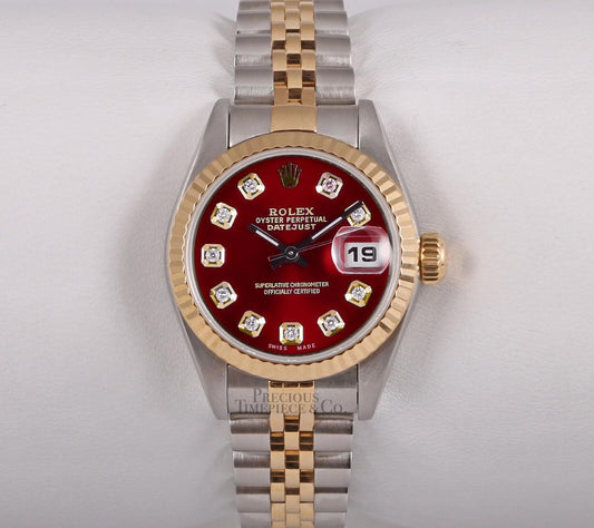 Rolex Lady Datejust 26mm Two Tone Steel 18k Gold Fluted-Custom Red Diamond Dial