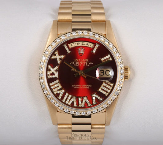 Rolex Men Day-Date 18038 President 36mm 18k Gold-Red Roman Dial-Diamond Bezel