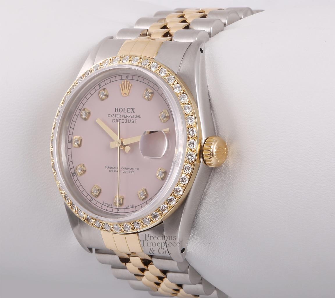 Rolex Datejust Two Tone 36mm Stainless Steel 18k Diamond Bezel Pink Diamond Dial