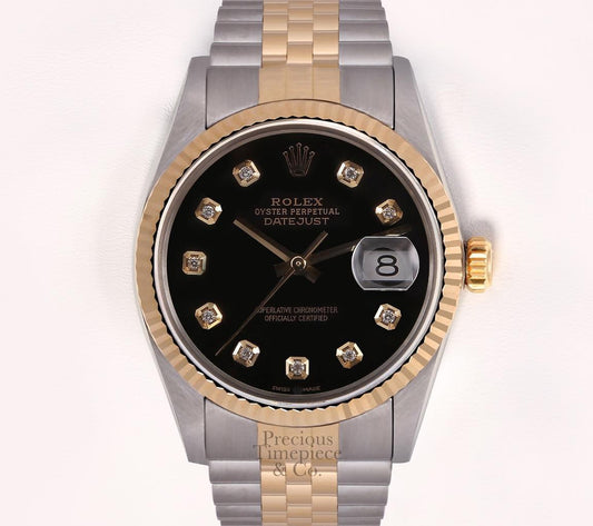 Rolex Men Datejust 36mm Watch Two Tone 18k Fluted Bezel-Black Diamond Dial