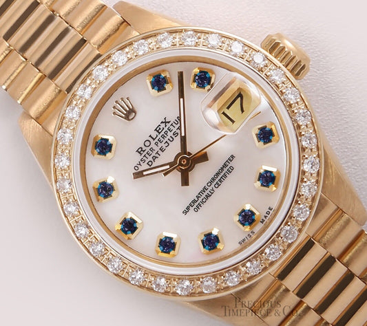 Rolex President Lady 18k Yellow Gold 26mm-Diamond Bezel-White MOP Sapphire Dial