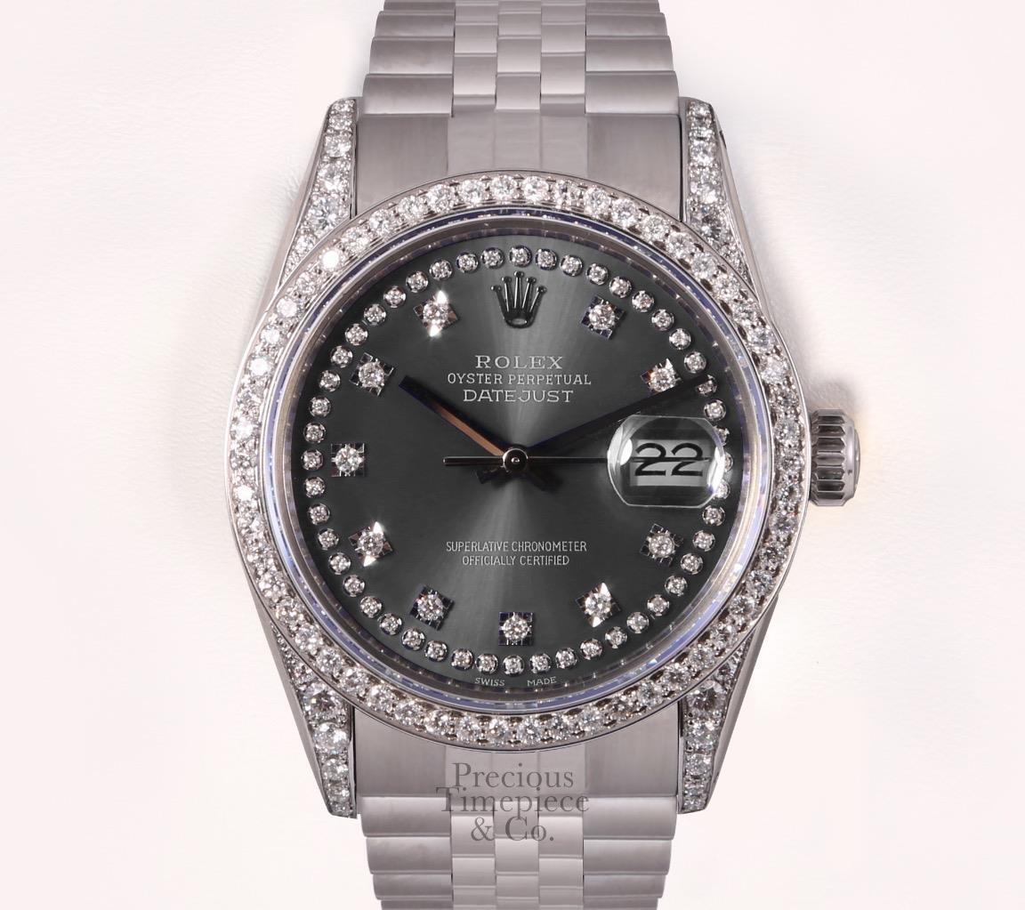 Rolex Datejust Steel 36mm-Gray String Diamond Dial-Diamond Lugs-Diamond Bezel