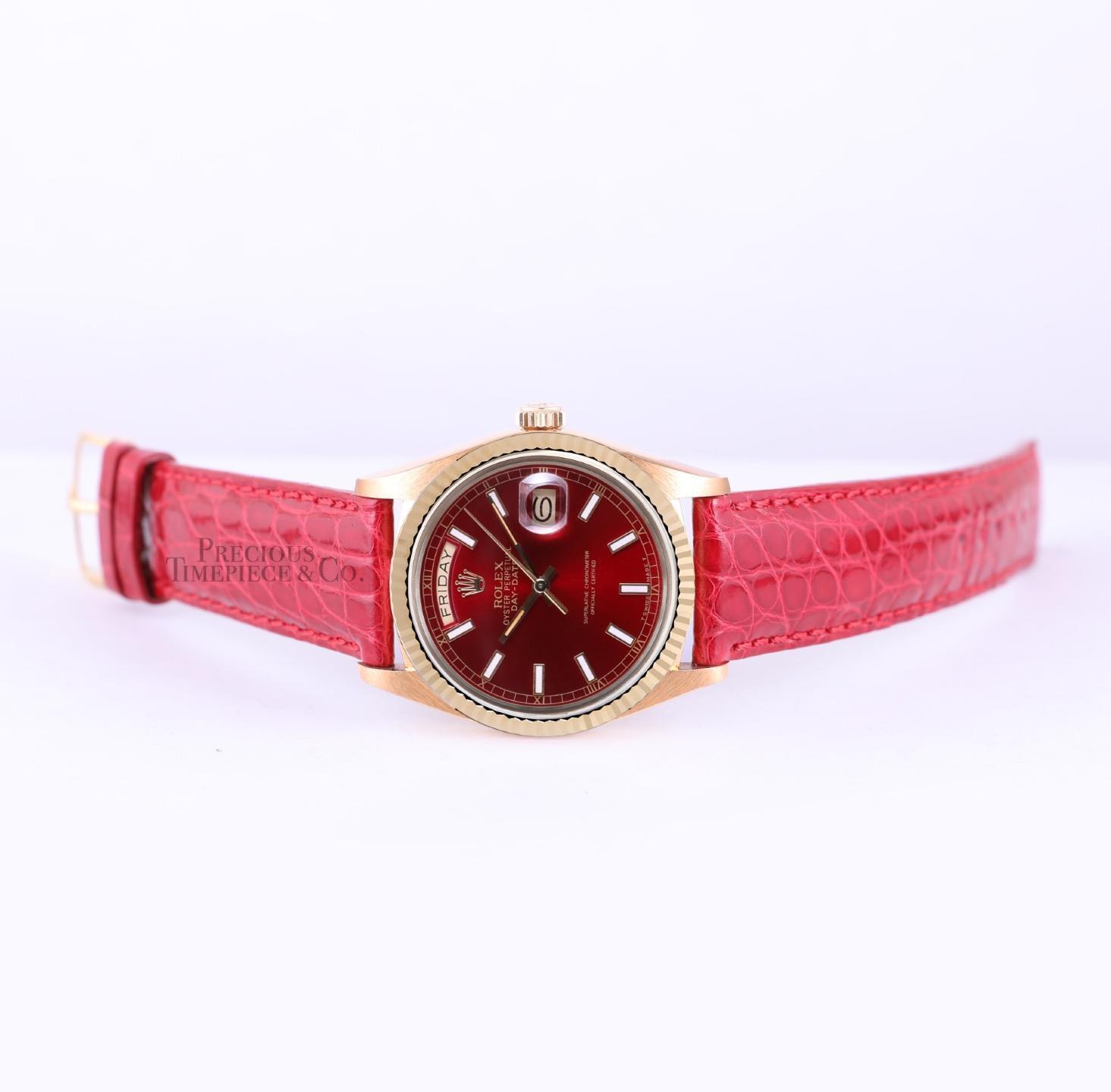 Rolex Men Day-Date 36mm President 18k Gold 18238-Red Stick Dial-Red Leather Band