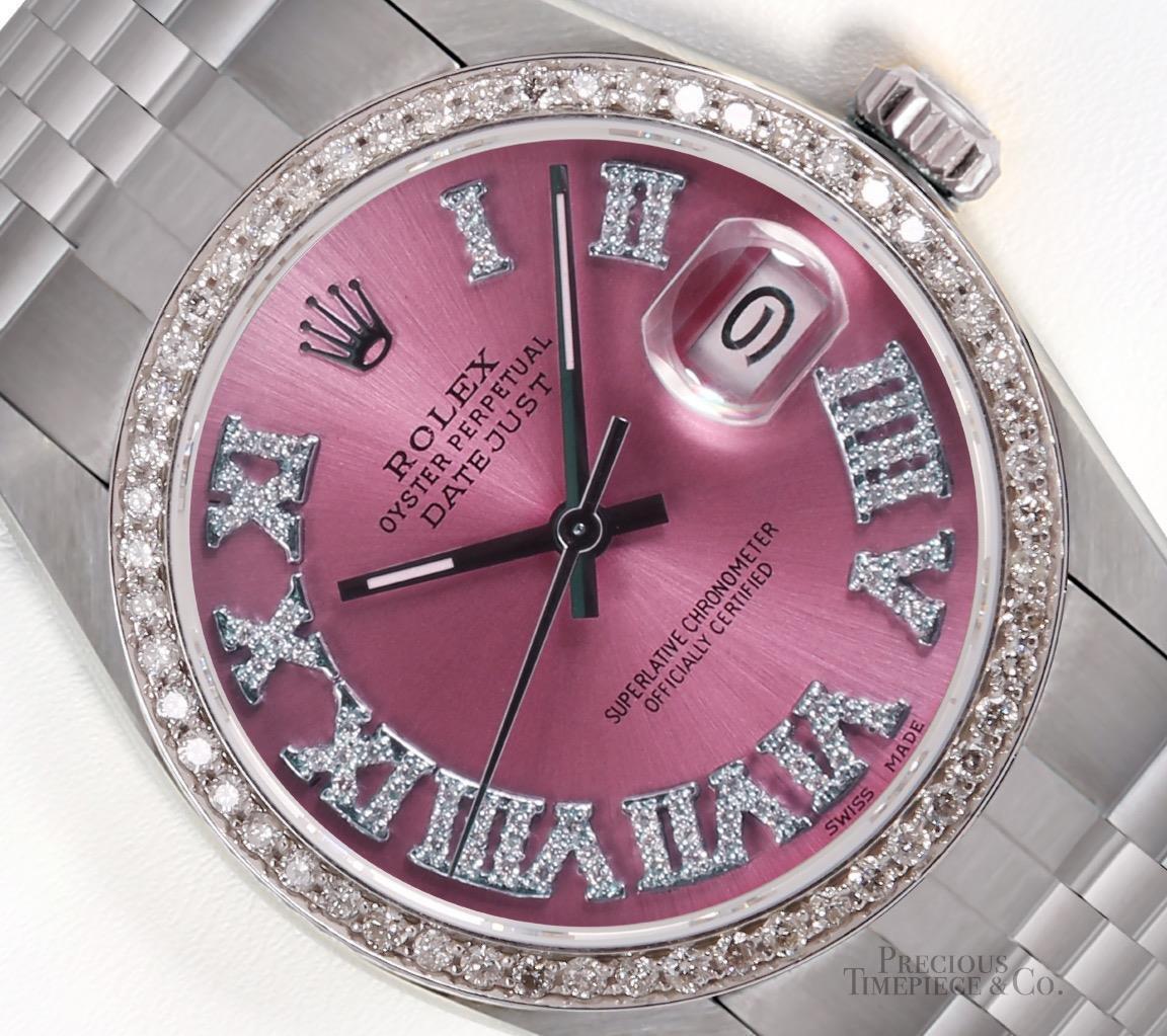 Rolex Datejust Stainless Steel 36mm-Ice Pink Roman Diamond Dial-Diamond Bezel