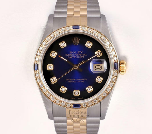 Rolex Datejust TT SS 36mm 18k Sapphire Diamond Bezel-Blue Vignette Diamond Dial