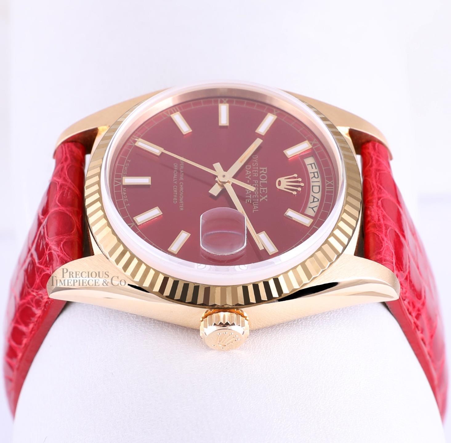 Rolex Men Day-Date 36mm President 18k Gold 18238-Red Stick Dial-Red Leather Band