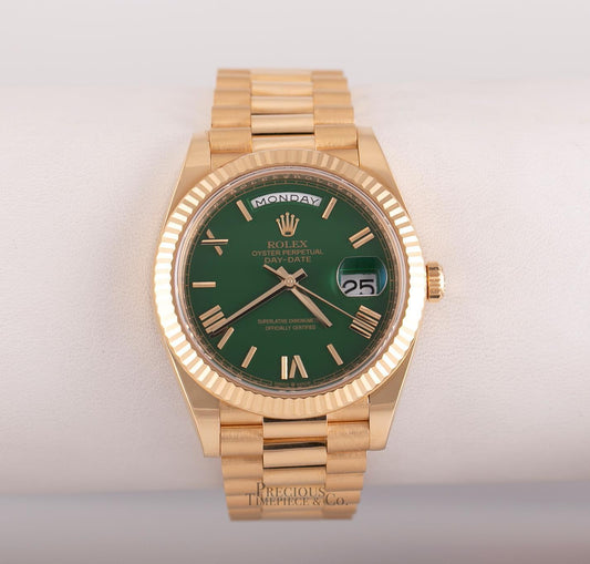 Rolex Day-Date 228238- 18k Gold Fluted Bezel 40mm-Custom Green Roman Dial