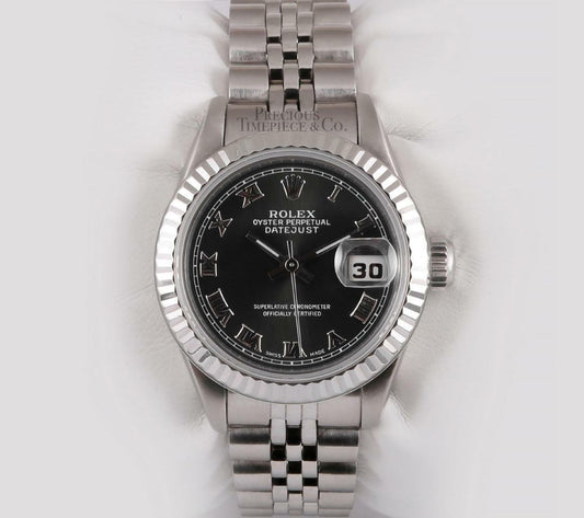 Rolex Lady Datejust 26mm Stainless Steel Watch-Black Roman Dial-18k Fluted Bezel