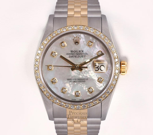 Rolex Datejust Two Tone Gold/SS 36mm-18k Diamond Bezel-White MOP Diamond Dial