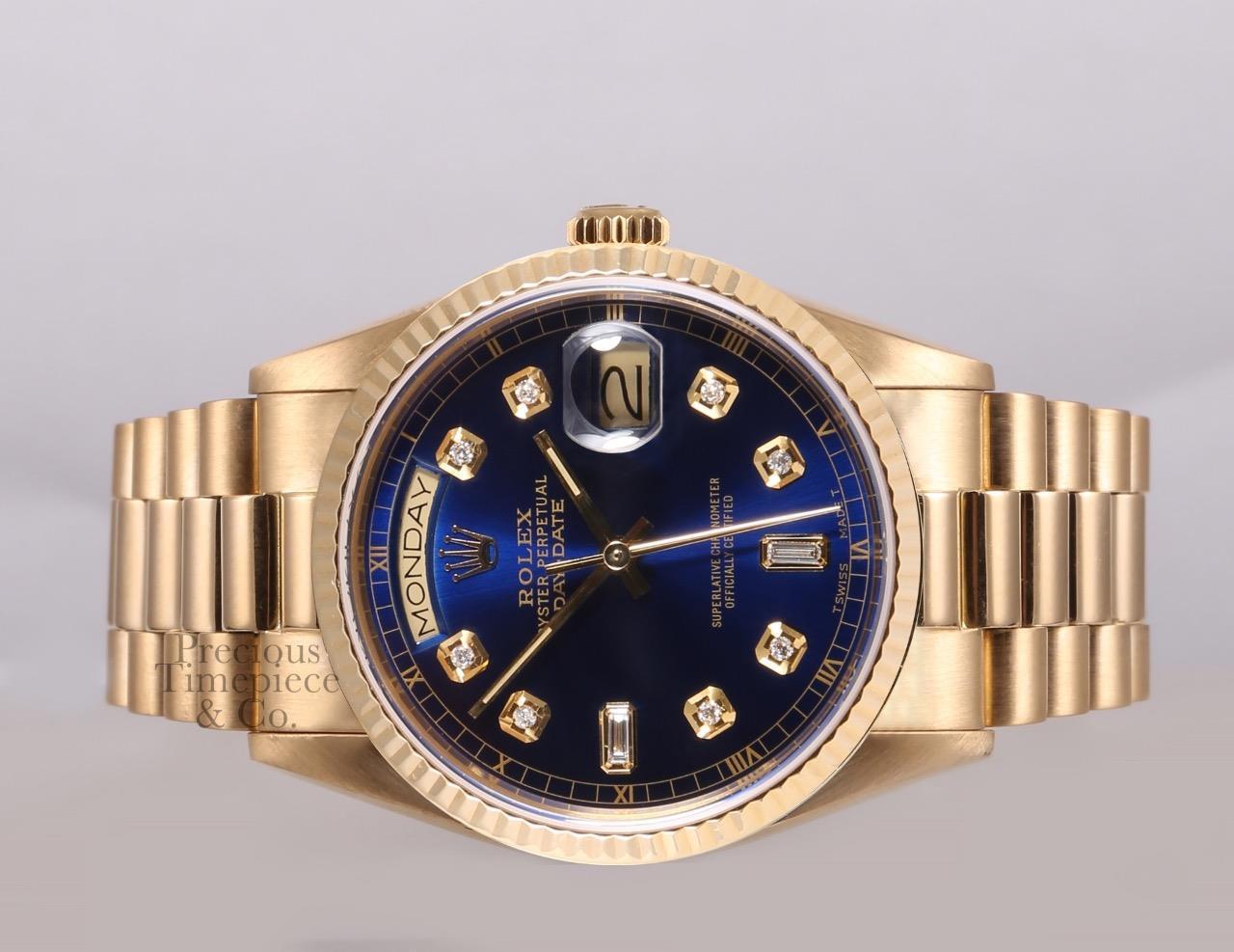 Rolex 18k Gold Day-Date 18238 President 36mm-Blue Diamond Dial- 18k Fluted Bezel