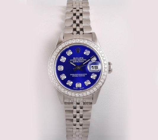 Rolex Lady Datejust Stainless Steel 26mm Watch-Blue Diamond Dial-Diamond Bezel