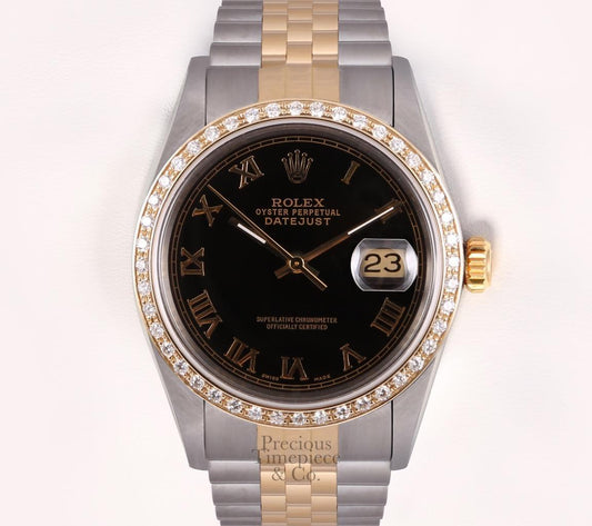 Rolex Men Datejust 36mm Two Tone  Steel 18k Gold Diamond Bezel Black Roman Dial