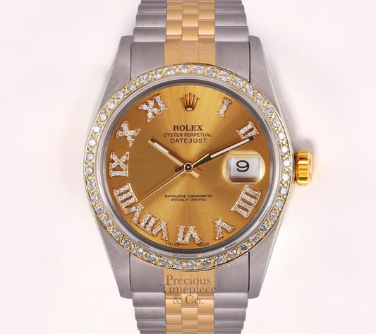 Rolex Datejust 36mm 18k & Steel Watch-Champagne Roman Diamond Dial-Diamond Bezel