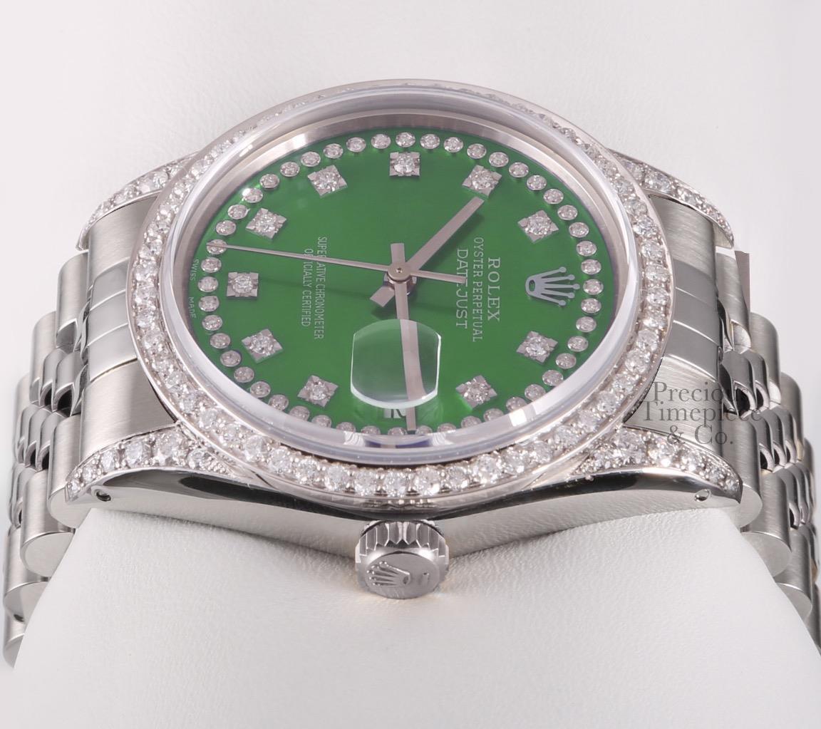 Rolex Datejust S/Steel 36mm-Green String Diamond Dial-Diamond Lugs-Diamond Bezel