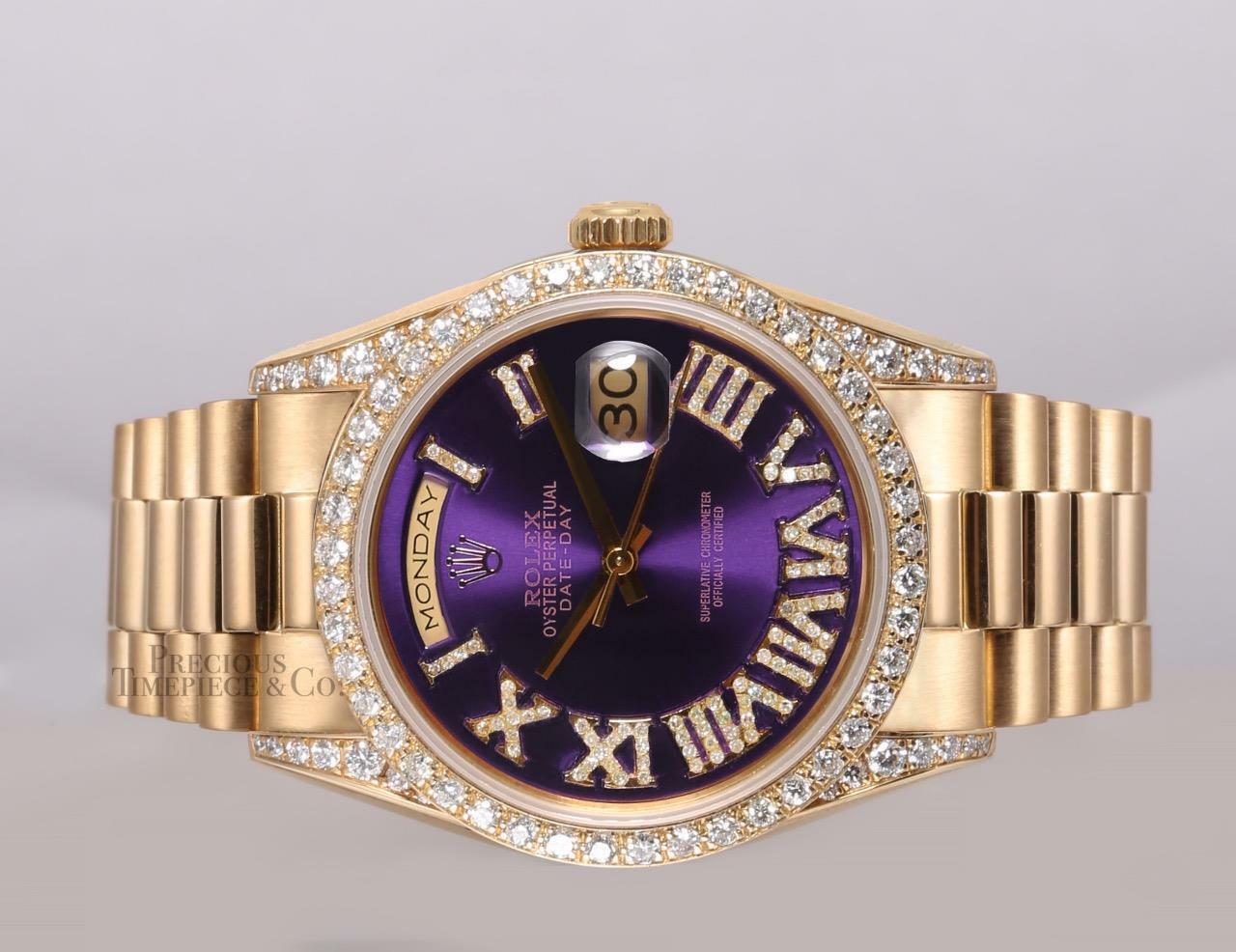 Rolex Day-Date 18238 36mm 18k Gold-Purple Roman Dial-Diamond Lugs-Diamond Bezel