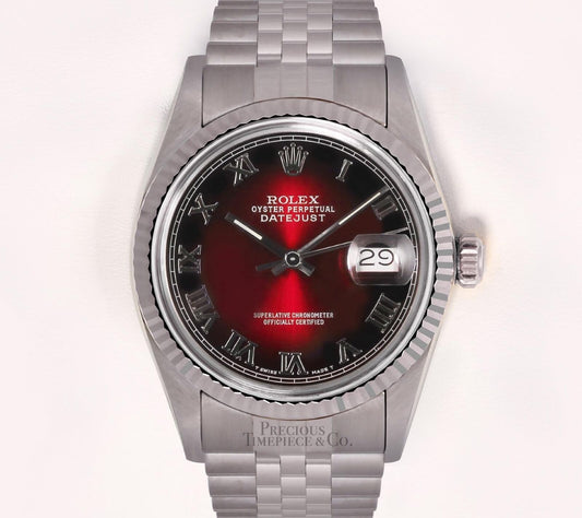 Rolex Men Datejust SS-36mm Watch Fluted Bezel Red Vignette Roman Dial