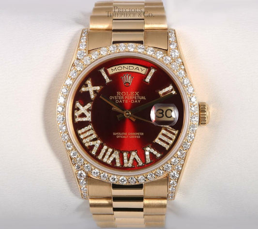 Rolex Day-Date 18238 36mm 18k Gold-Red Roman Dial-Diamond Lugs-Diamond Bezel