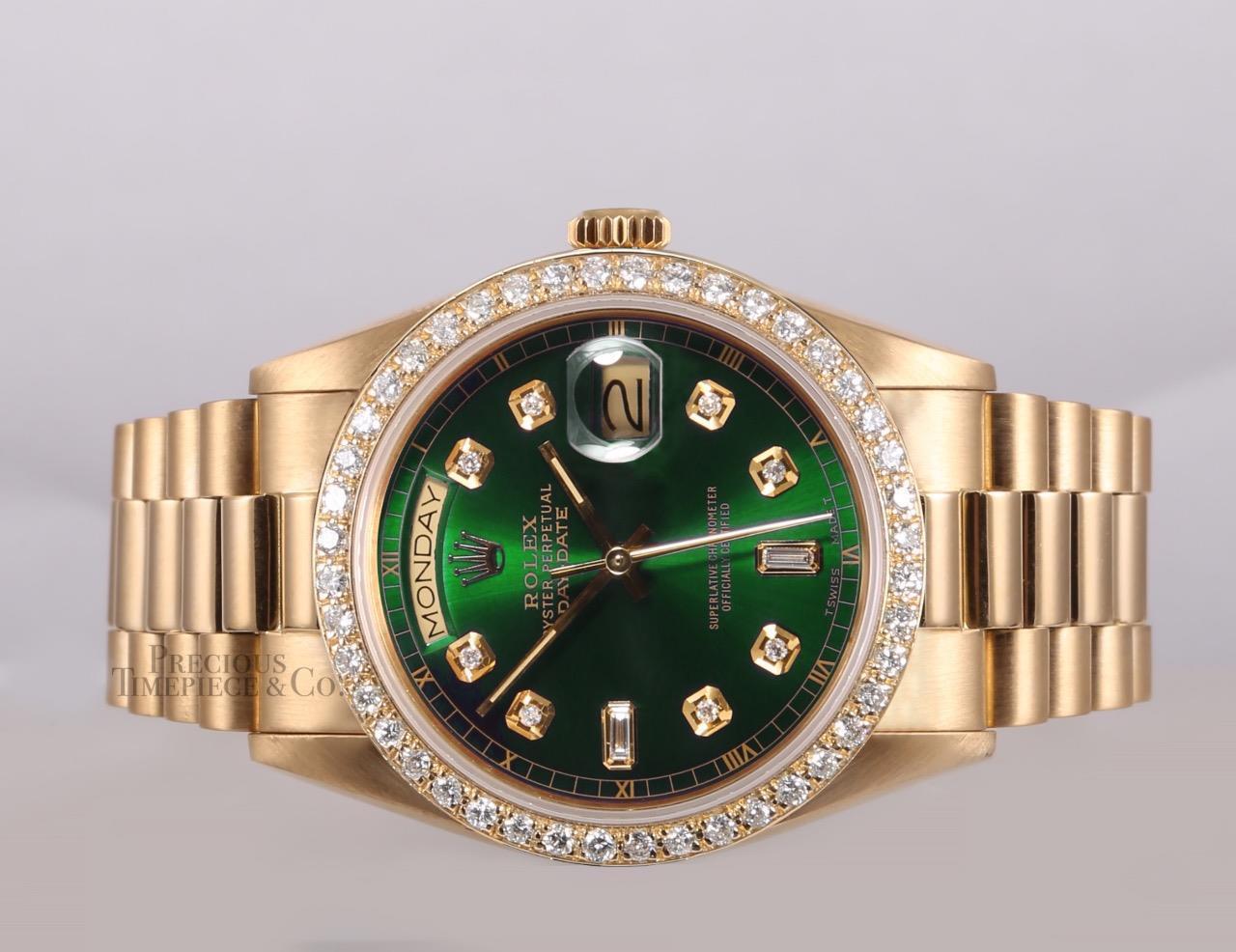 Rolex President 18k Yellow Gold 18038-Green Baguette Diamond Dial-Diamond Bezel