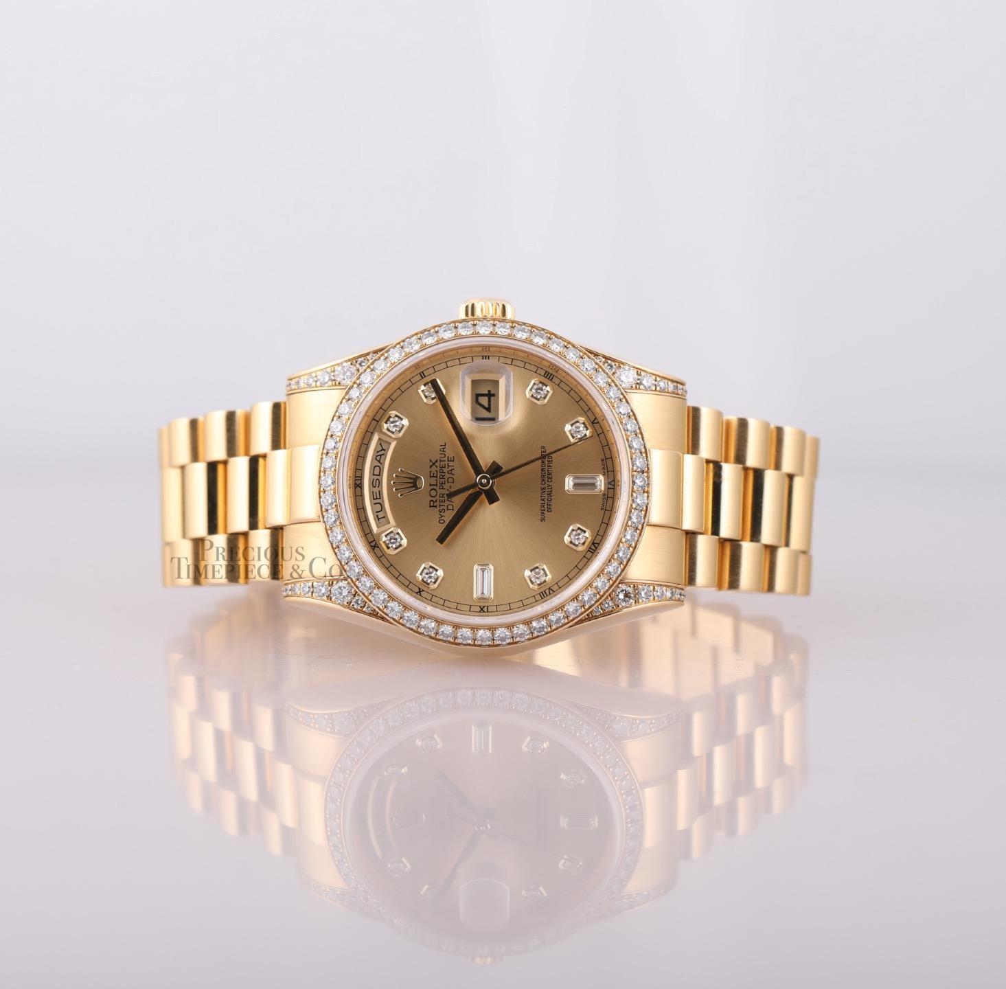 Rolex Day-Date 18k Gold 118388 Factory Diamonds Champagne Dial 36mm-Full Set