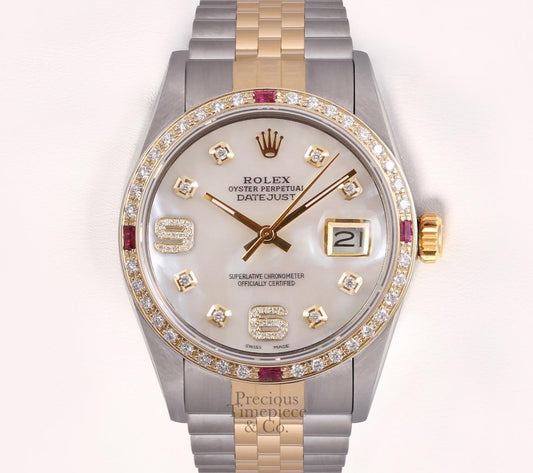 Rolex Men Datejust 36mm TT 18k/SS Ruby Diamond Bezel-White MOP Diamond 6&9 Dial