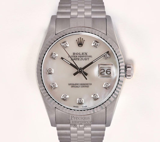 Rolex Datejust SS 36mm Watch-White MOP Diamond Dial-18k Fluted Bezel