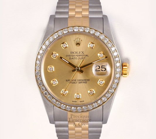 Rolex Mens Datejust 36mm Two Tone Steel 18k Diamond Bezel-Champagne Diamond Dial