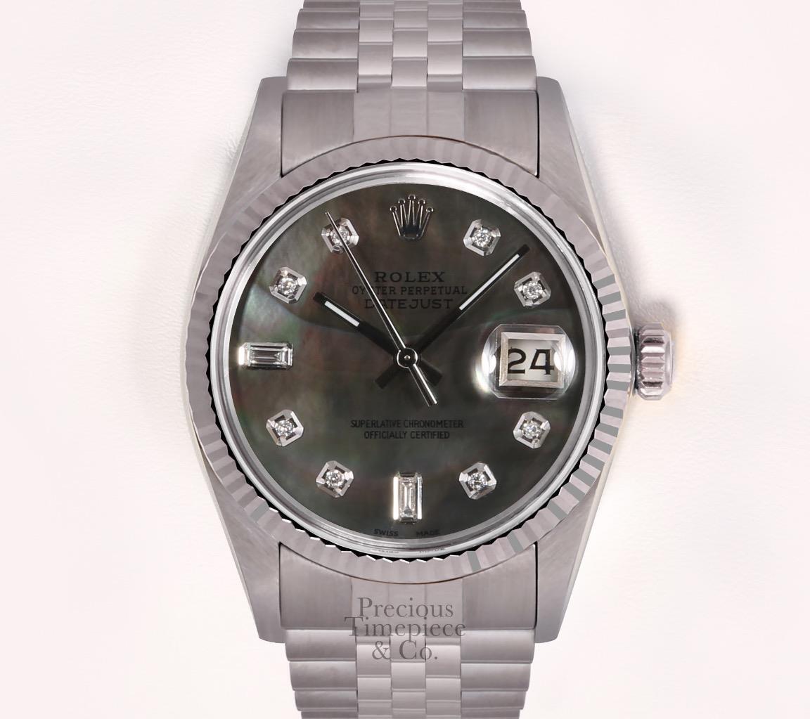 Rolex Mens Datejust  Steel 36mm 18k Fluted Bezel-Black MOP Diamond Dial