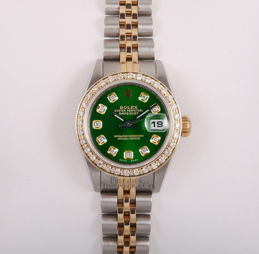 Rolex Lady Datejust 26mm Two Tone Gold & Steel-Green Diamond Dial-Diamond Bezel