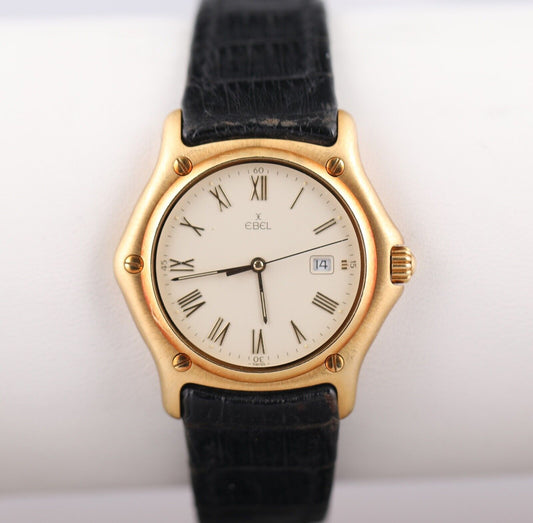 Vintage Ebel Ladies 1911 18k Yellow Gold Date Ivory Dial Black Leather Band