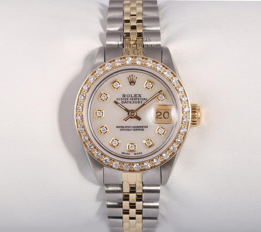 Rolex Lady Datejust 26mm Two Tone Watch 18k Diamond Bezel-White MOP Diamond Dial