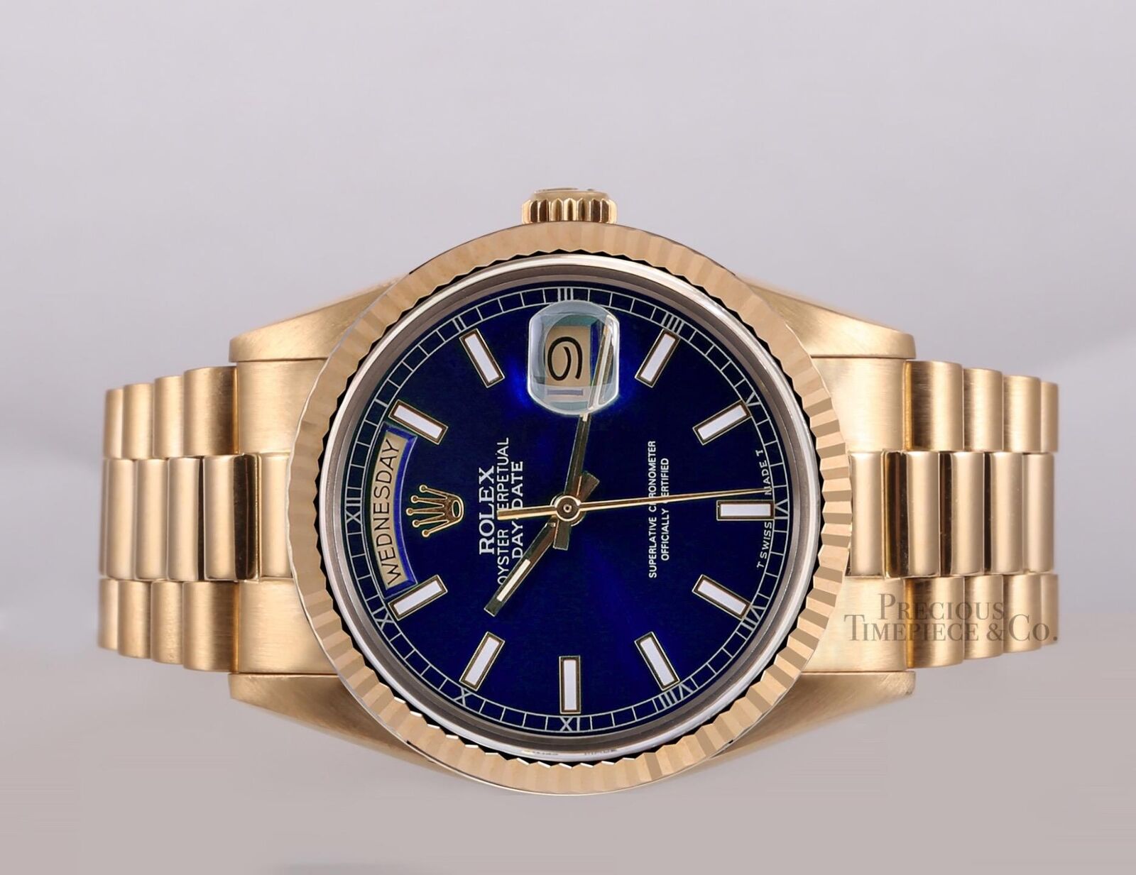 Rolex Men Day-Date 18238 Presidential-18k Gold Fluted Bezel 36mm-Blue Stick Dial