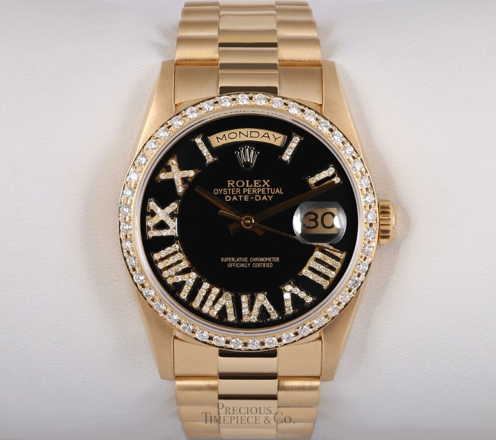 Rolex Day-Date 18038 President 18k Gold-Black Roman Diamond Dial-Diamond Bezel