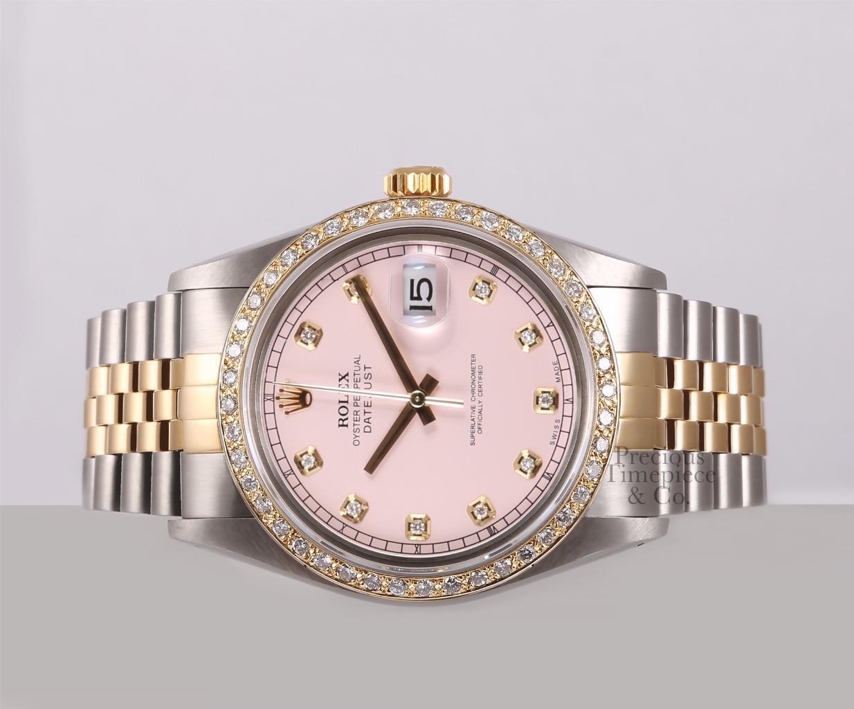 Rolex Datejust Two Tone 36mm Stainless Steel 18k Diamond Bezel Pink Diamond Dial