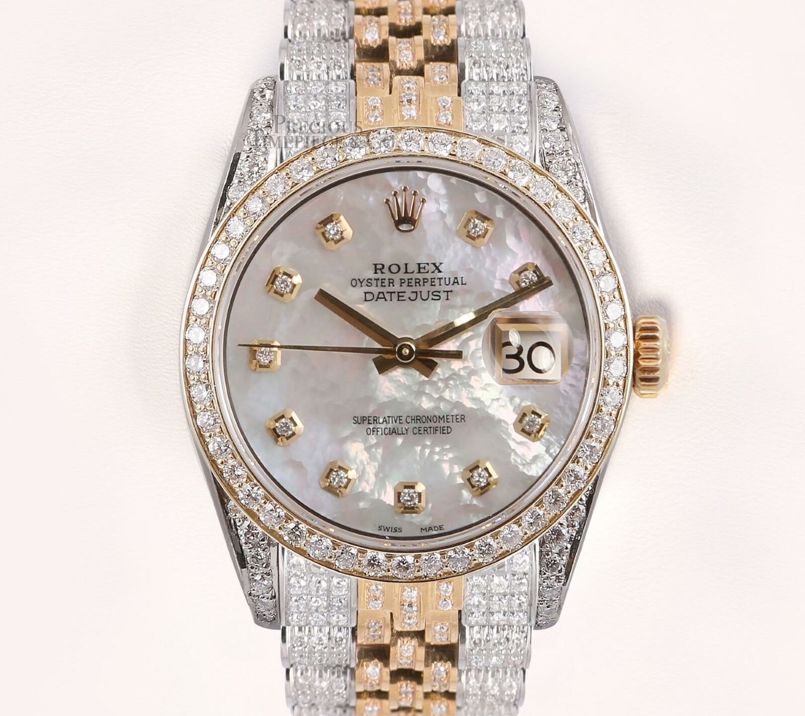 Rolex Datejust Two Tone 18k-Steel 36mm Full 10ct Diamond Flooded White MOP Dial