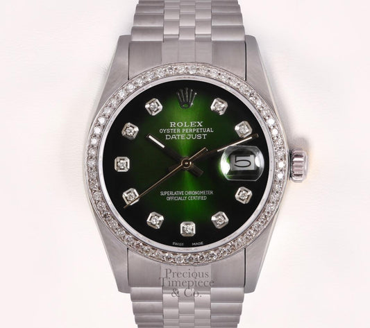 Rolex Datejust 36mm Watch S/Steel 18k Diamond Bezel Green Vignette Diamond Dial