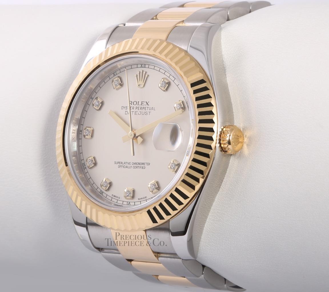 Rolex Men Datejust II Oyster 116333 18k Two Tone 41mm Ivory Diamond Dial-Fluted