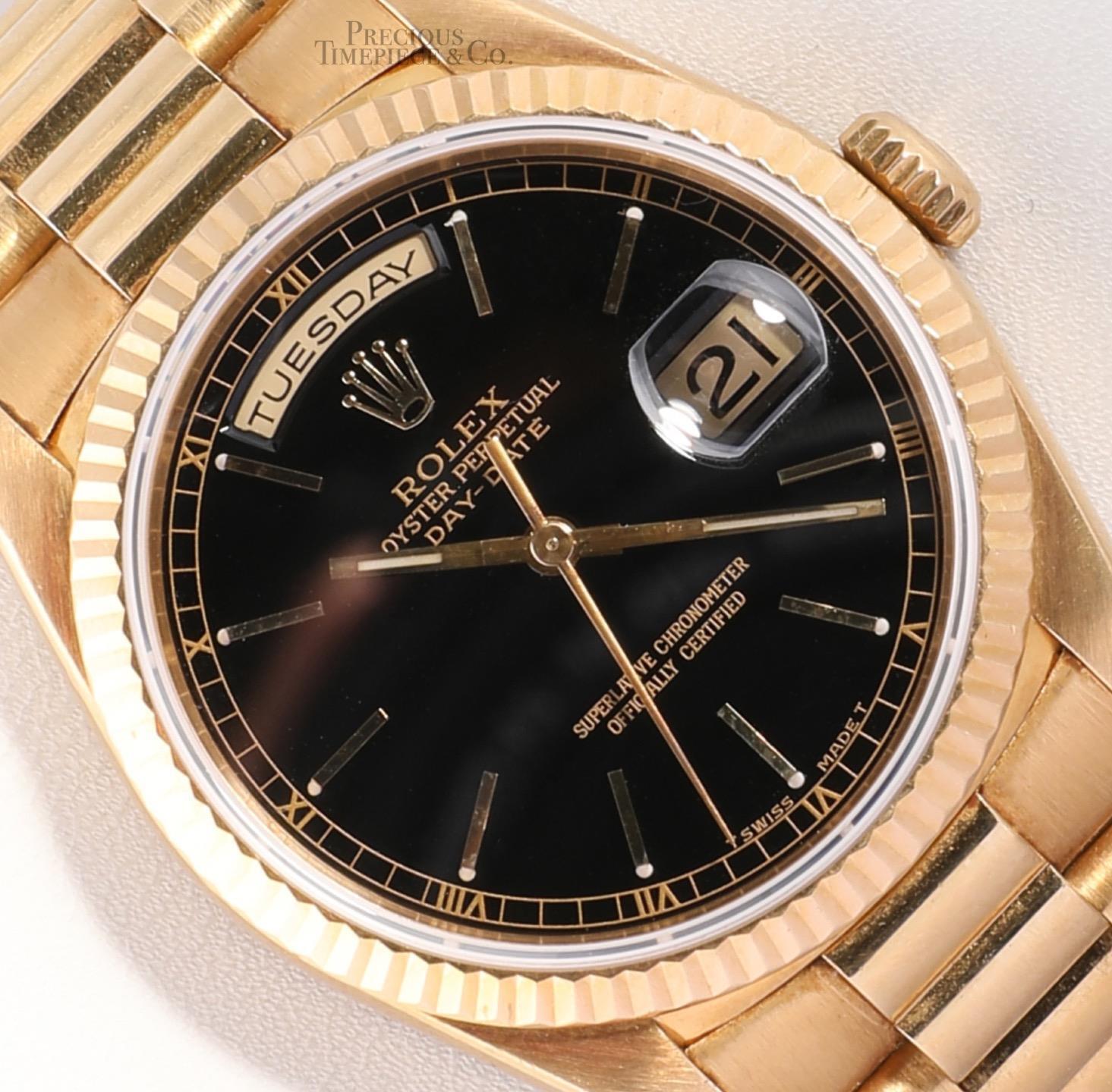 Rolex Day-Date 18238 Presidential- 18k Gold Fluted Bezel 36mm-Black Stick Dial