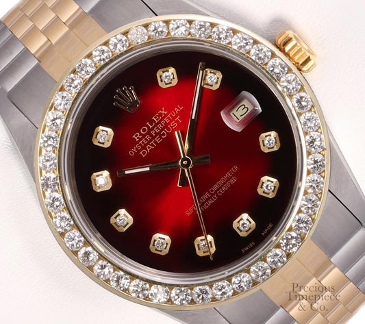 Rolex Datejust S/Steel 18k Gold 3CT Diamond Bezel 36mm-Red Vignette Diamond Dial