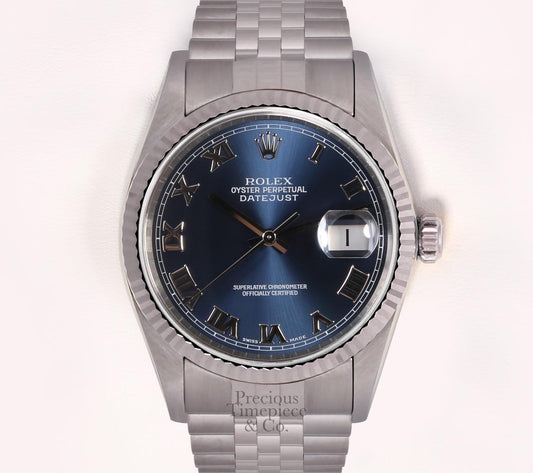 Rolex Men Datejust  Stainless Steel 36mm Watch-Navy Roman Dial-18k Fluted Bezel