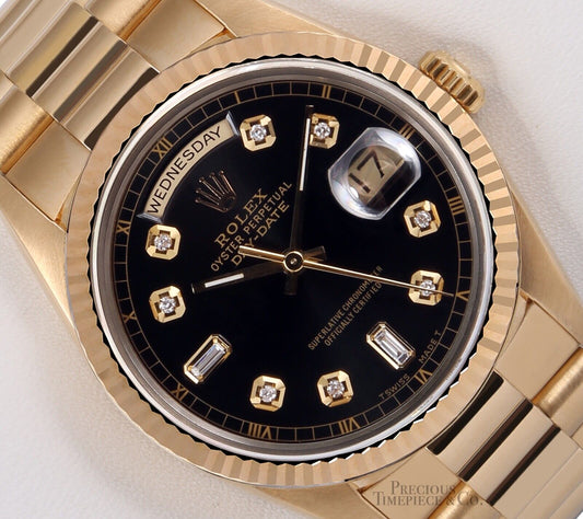 Rolex 18k Gold Day-Date 18238 President 36mm-Black Diamond Dial 18k Fluted Bezel