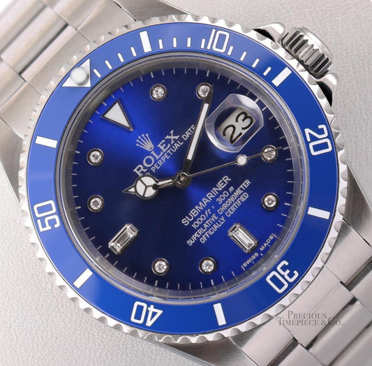 Rolex Submariner 16610 Date Steel 40mm-Custom Blue Ceramic & Blue Diamond Dial