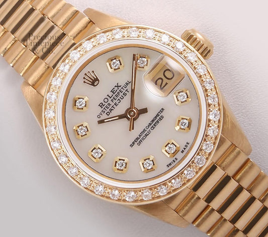 Rolex President Ladies 18k Gold 26mm Watch-Diamond Bezel-White MOP Diamond Dial