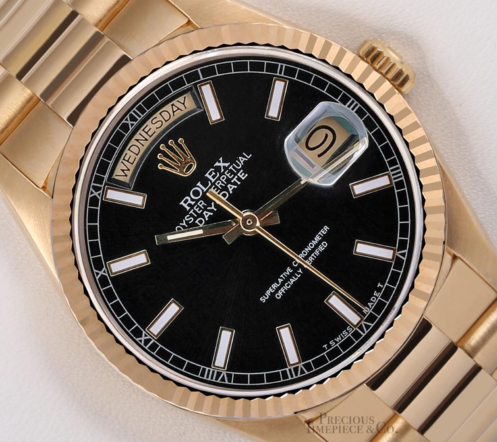 Rolex Day-Date 18238 Presidential- 18k Gold Fluted Bezel 36mm-Black Stick Dial