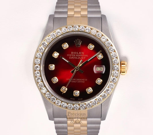 Rolex Datejust S/Steel 18k Gold 3CT Diamond Bezel 36mm-Red Vignette Diamond Dial