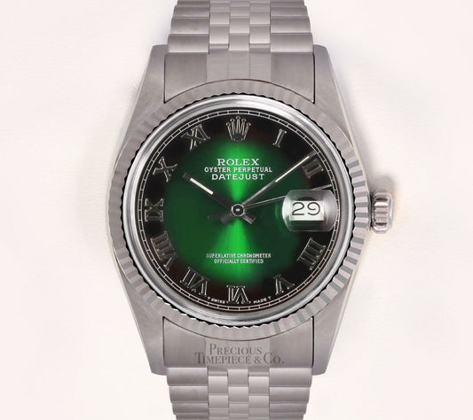 Rolex Men Datejust 36mm SS Watch Fluted Bezel Green Vignette Roman Dial