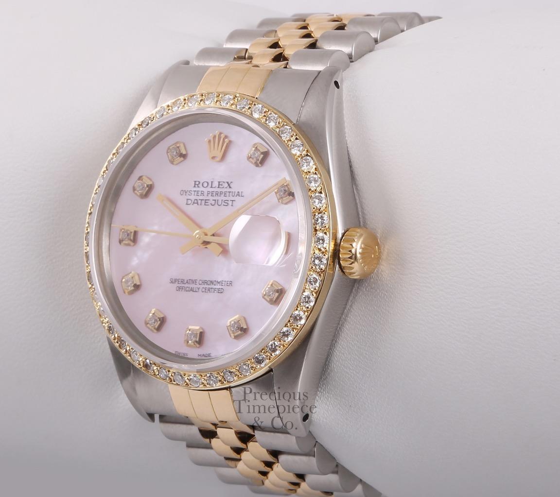 Rolex Datejust 2 Tone 36mm SS/ 18k Diamond Bezel Watch-Pink MOP Diamond Dial-BOX