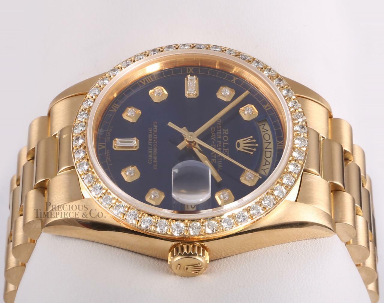 Rolex Day-Date President 18k Gold 18238-Blue Baguette Diamond Dial-Diamond Bezel